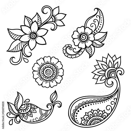 Henna tattoo flower template. Mehndi style. Set of ornamental patterns in the oriental style.
