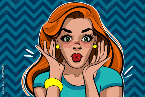 Portrait of surprised redhead woman.Comic vector illustration.