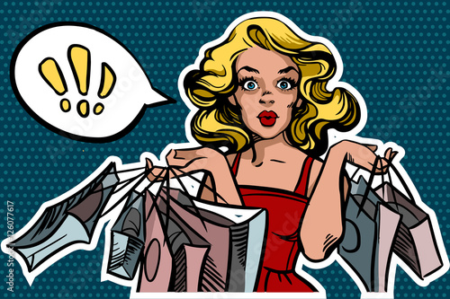 Surprised shopping woman with bags in a pop art style. Speech bubble for your text. Vector illustration isolated on a blue dotted background.