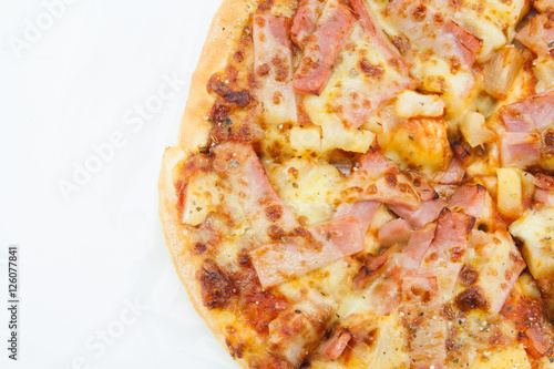 Delicious pizza with cheese isolated on white.