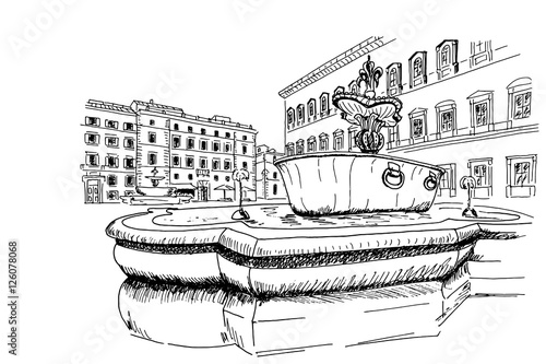 vector sketch of fountain from old bathtub on square if front of embassy of France. Rome. Italy.