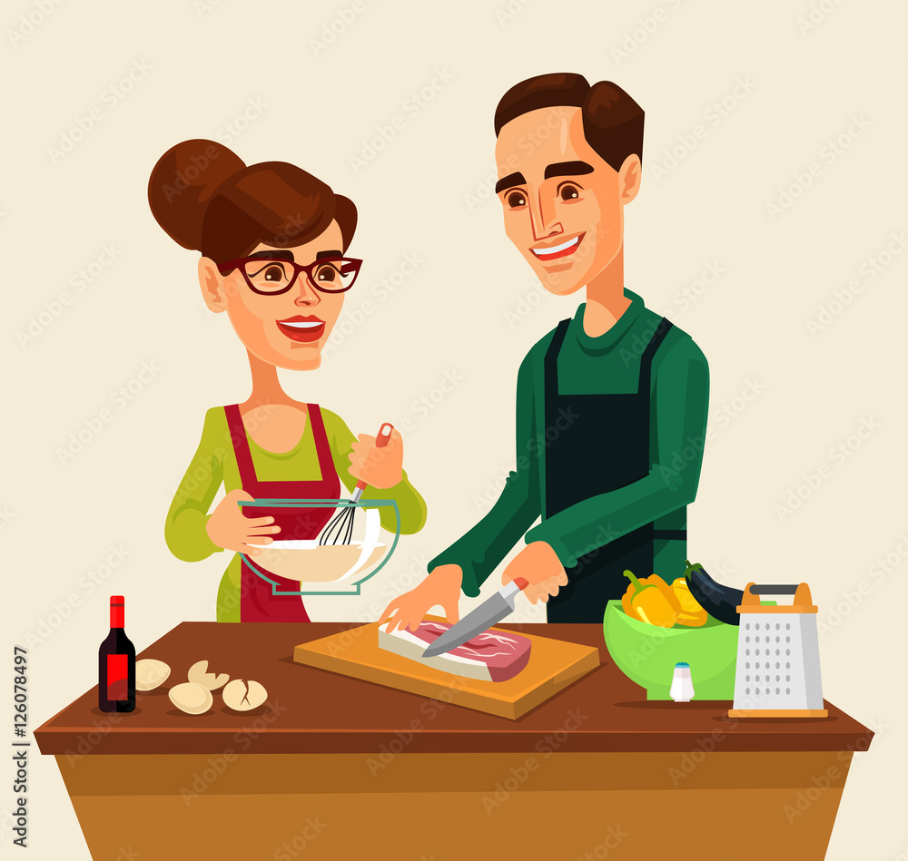 Couple man and woman characters preparing food together. Vector flat cartoon illustration Couple man and woman characters preparing food together. Vector flat cartoon illustration