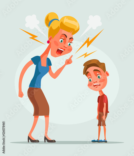 Mother character scolds son character. Vector flat cartoon illustration