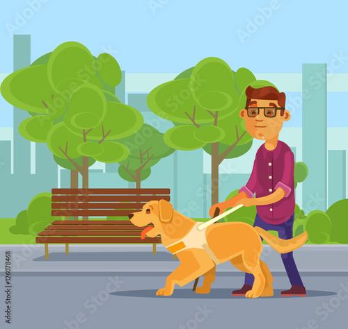 Blind man character walking with guide dog character. Vector flat cartoon illustration