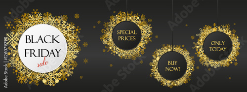 Black friday offers, black friday banner with golden snowflakes on dark background