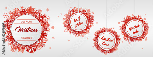 Christmas sales with red snowflakes on white background photo
