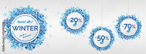 Winter sales with snowflakes on white background