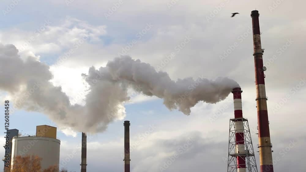 Smoke or steam coming out slowly of tall factory or power plant chimney ...