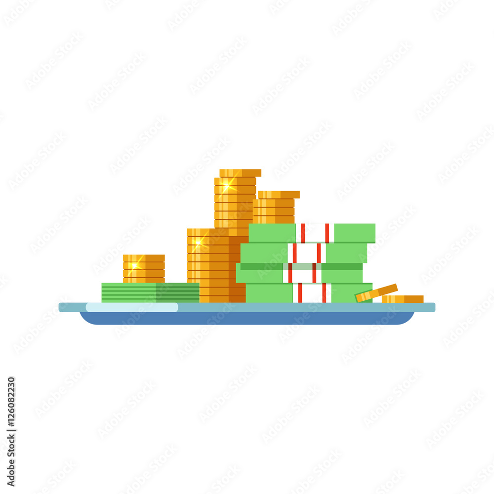 Concept cash on a white background. Vector illustration stacks of cash with pile of gold coins and bills in flat style isolated. Success and finance