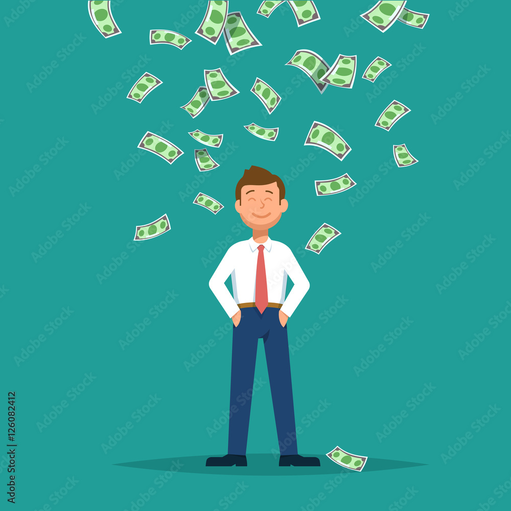 Vector illustration of happy businessman celebrates success standing under money rain banknotes cash falling on blue background. Concept of success, achievement, wealth flat style