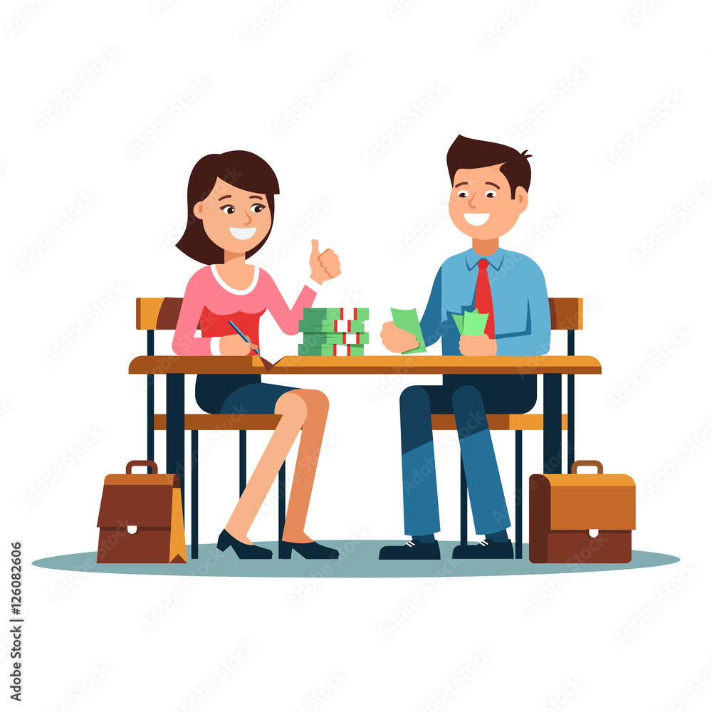Two young businessman and businesswoman sitting at the office desk and count money bring a good profit. Vector illustration of business people smiling happy to profit growth on white background