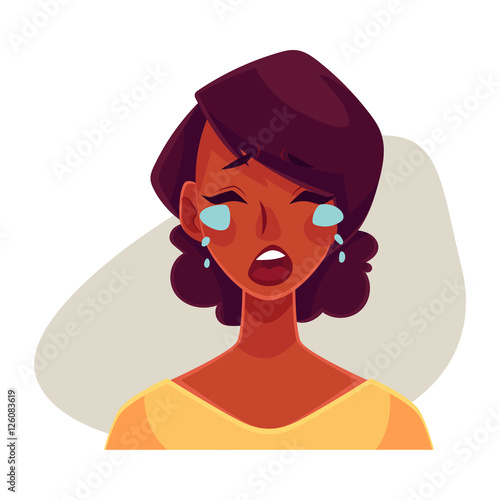 Pretty African girl, crying facial expression, cartoon vector illustrations isolated on gray background. Black woman crying, shedding tears, sad, heart broken, in grief. Angry face expression