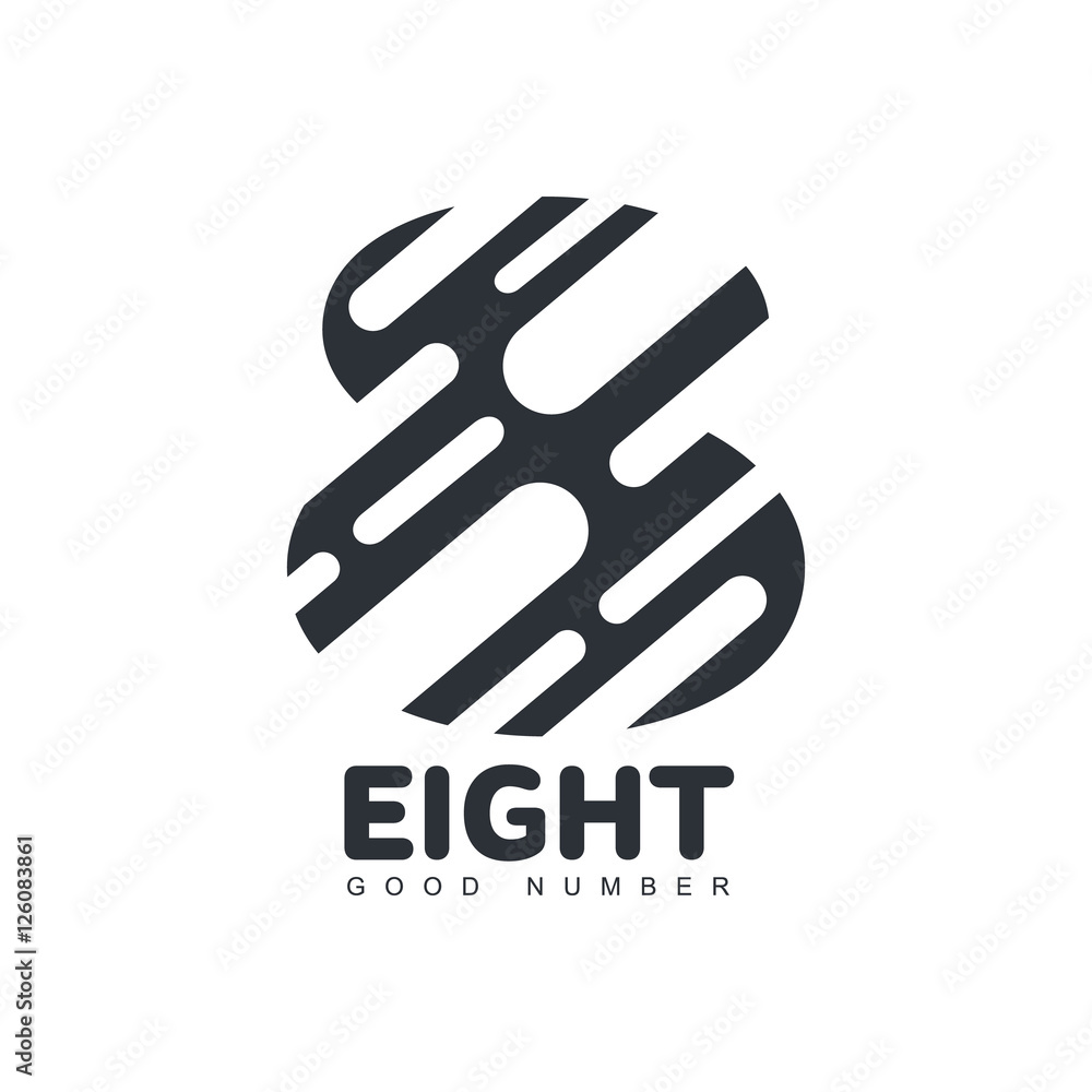 Abstract black and white number eight logo template made by cut out diagonal rounded shapes, vector illustration isolated on white background. Black and white number eight graphic logotype Abstract black and white number eight logo template made by cut out diagonal rounded shapes, vector illustration isolated on white background. Black and white number eight graphic logotype