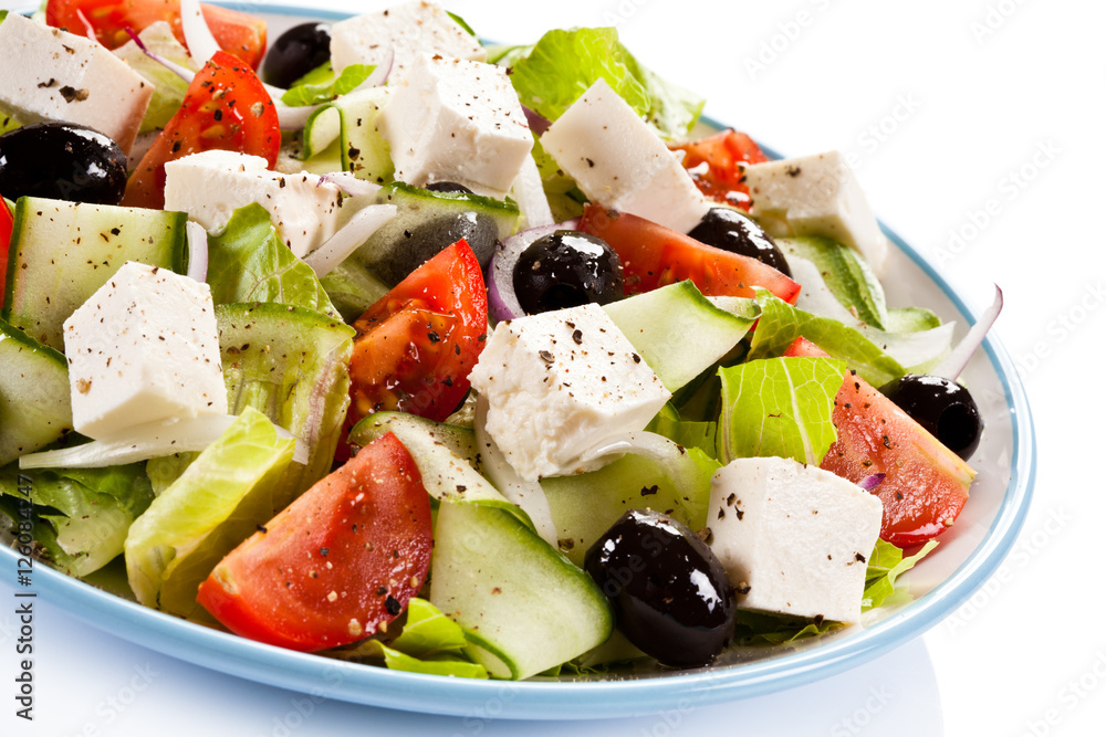 Greek salad on white background 