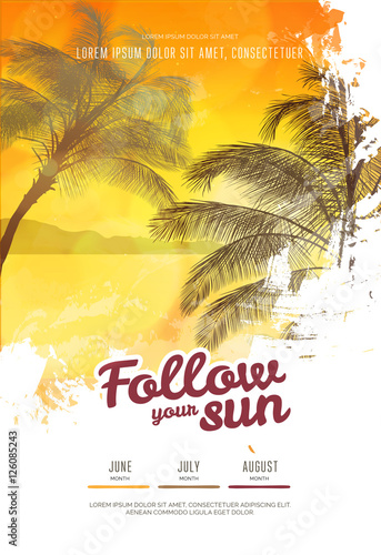 Summer party poster or flyer design template with palm trees silhouettes. Modern style