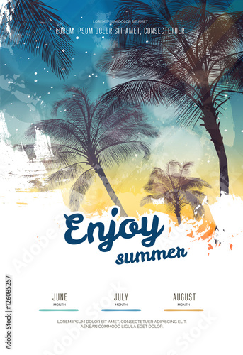 Summer party poster or flyer design template with palm trees silhouettes. Modern style