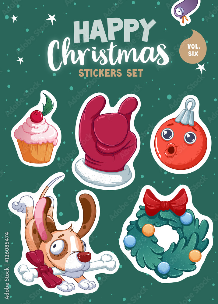 Set of Merry Christmas and Happy New Year stickers or magnets. Festive souvenirs
