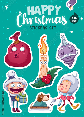 Set of Merry Christmas and Happy New Year stickers or magnets. Festive souvenirs