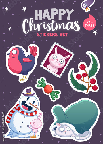 Set of Merry Christmas and Happy New Year stickers or magnets. Festive souvenirs