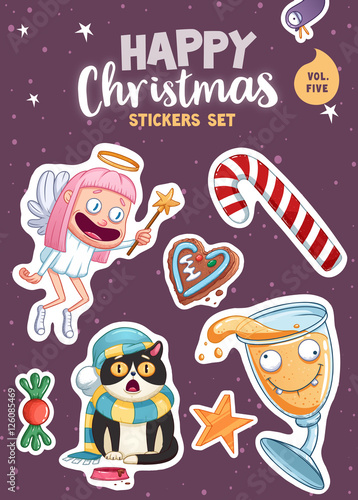 Set of Merry Christmas and Happy New Year stickers or magnets. Festive souvenirs