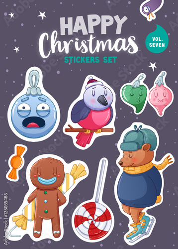 Set of Merry Christmas and Happy New Year stickers or magnets. Festive souvenirs