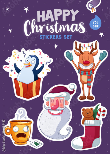 Set of Merry Christmas and Happy New Year stickers or magnets. Festive souvenirs