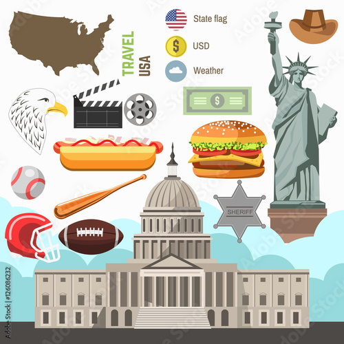 USA culture symbol set. Europe Travel USA direction concept.