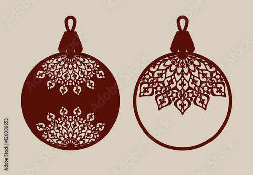 Christmas balls with lace pattern. Template for greeting card, banner, invitation, for New Years design party or interiors. Picture perfect for laser cutting, plotter cutting or printing