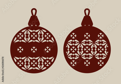 Christmas balls with lace pattern. Template for greeting card, banner, invitation, for New Years design party or interiors. Picture perfect for laser cutting, plotter cutting or printing