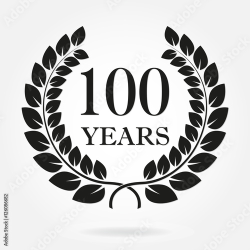 100 years anniversary laurel wreath sign or emblem. Template for celebration and congratulation design. Vector 100th anniversary label isolated on white background.