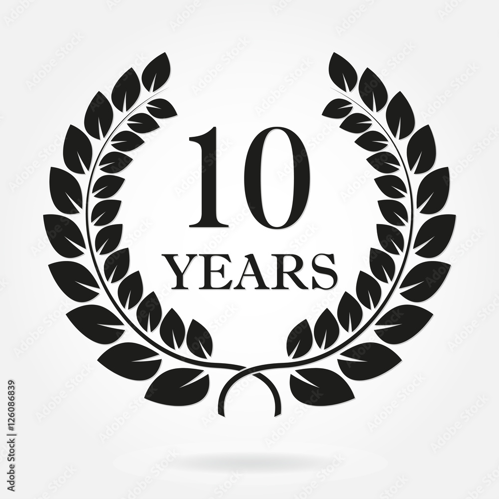 10 years anniversary laurel wreath sign or emblem. Template for celebration and congratulation design. Vector 10th anniversary label isolated on white background. 10 years anniversary laurel wreath sign or emblem. Template for celebration and congratulation design. Vector 10th anniversary label isolated on white background.
