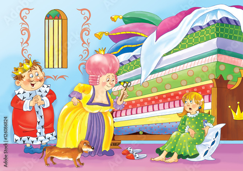 Princess and the pea. Fairy tale. The king, the queen and a young princess. Illustration for children