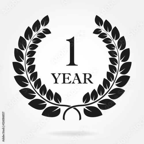 1 year anniversary laurel wreath sign or emblem. Template for celebration and congratulation design. Vector first anniversary label isolated on white background.