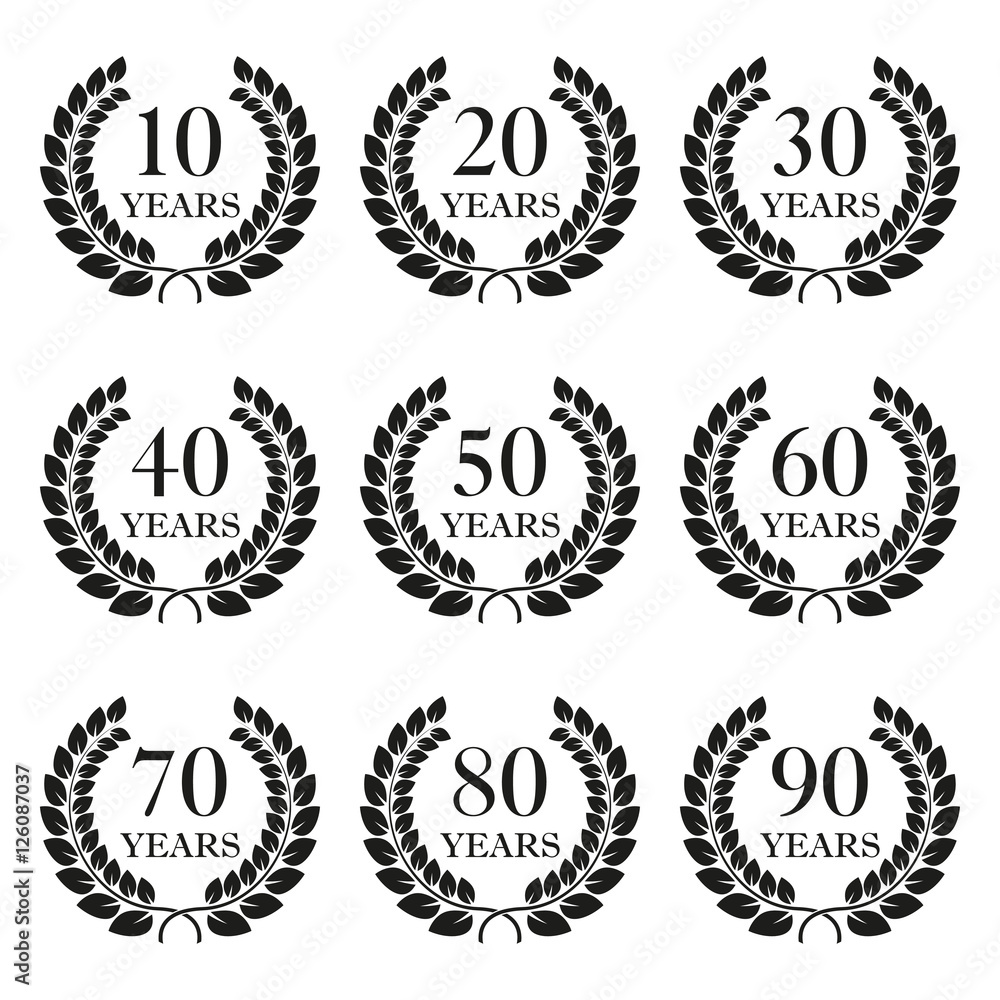 Anniversary laurel wreath icon set isolated on white background. 10, 20, 30, 40, 50, 60, 70, 80, 90 years. Template for award and congratulation design. Vector illustration. Anniversary laurel wreath icon set isolated on white background. 10, 20, 30, 40, 50, 60, 70, 80, 90 years. Template for award and congratulation design. Vector illustration.