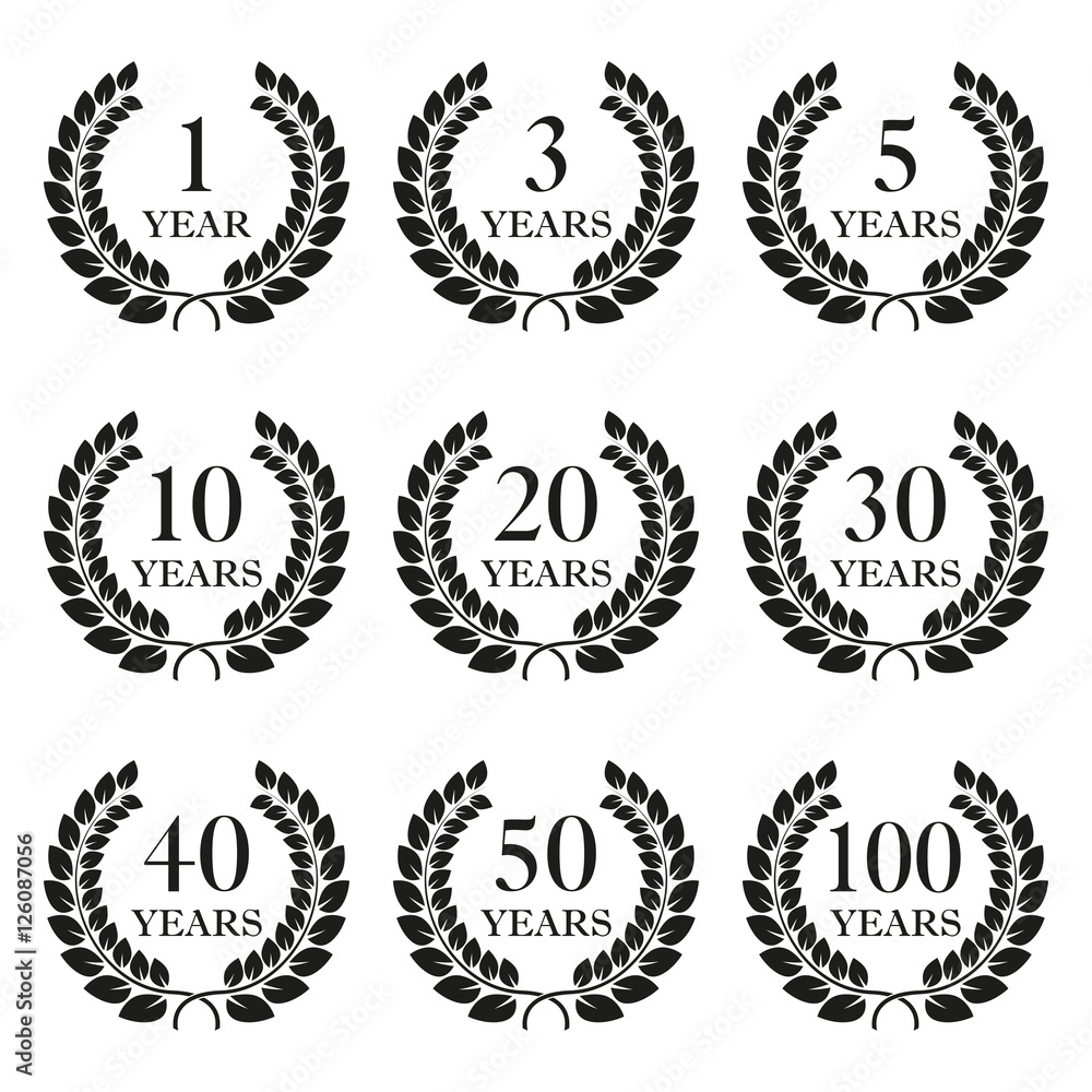 Anniversary laurel wreath icon set isolated on white background. 1, 3, 5, 10, 20, 30, 40, 50, 100 years. Template for award and congratulation design. Vector illustration.