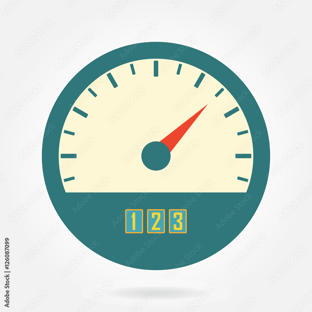Speedometer icon or sign with arrow. Infographic gauge element. Colorful vector illustration in flat style. Speedometer icon or sign with arrow. Infographic gauge element. Colorful vector illustration in flat style.