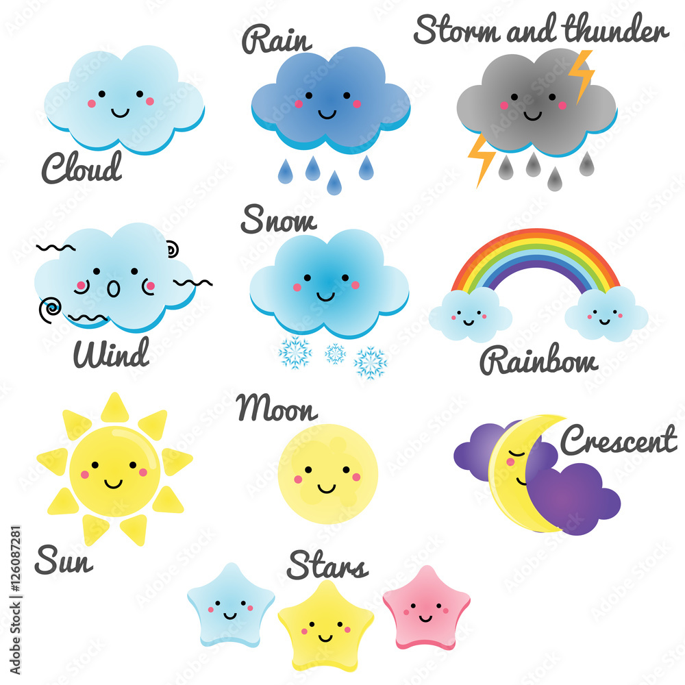 Cute weather and sky elements. Kawaii moon, sun, rain and clouds vector illustration for kids, isolated design elements for children Cute weather and sky elements. Kawaii moon, sun, rain and clouds vector illustration for kids, isolated design elements for children
