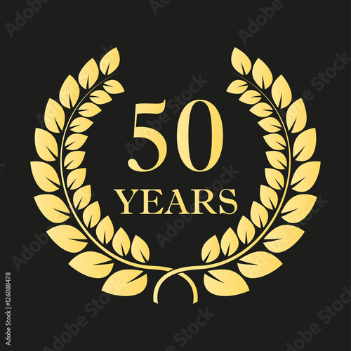 50 years anniversary laurel wreath icon or sign. Template for celebration and congratulation design. 50th anniversary golden label. Vector illustration.