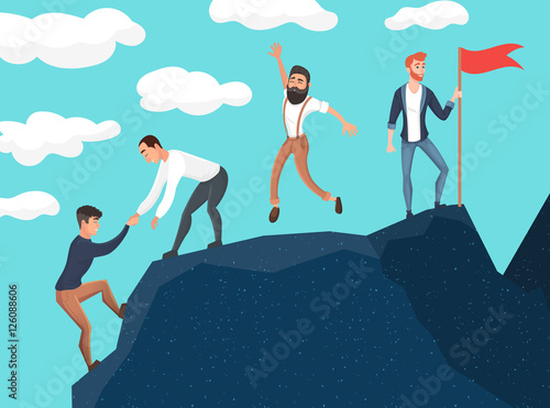 Concept of teamwork. Business people in mountains. Leader on the top. Vector illustration in cartoon style.