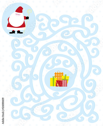 Maze game with cartoon Santa Claus and gifts / vector illustration for children