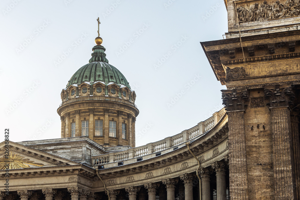 Closeup of Kazan Cathedral in St Petersburg, Russia. Architecture landscape of St Petersburg landmark