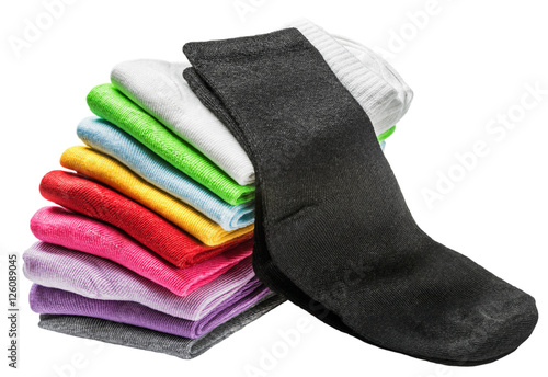 colorful socks isolated on white. Green, pink, red, white and other colors 