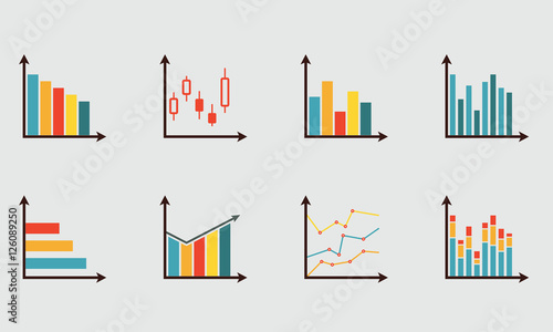 Graphs icon set. Charts for infographics design. Colorful vector illustration in flat style.