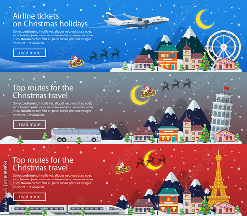 Merry Christmas banners in flat style. Traveling in time of vacation by plane, bus and train. Travel to Britain, Italy and France. The winter holiday. Flat Santa Claus, reindeer. Vector illustration