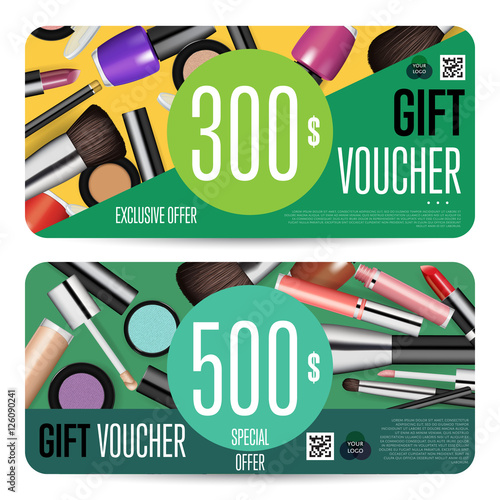 Cosmetics gift voucher template. Gift coupon with fashion makeup accessories and prepaid sum. Makeup brush, powder, lipstick, pencil, polish vectors. Special exclusive offer for cosmetics product sale
