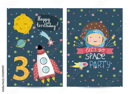 Happy birthday cartoon greeting card on cosmic theme with number three. Rocket flying in outer space among stars and planets, smiling astronaut vectors. Bright invitation on childrens costumed party