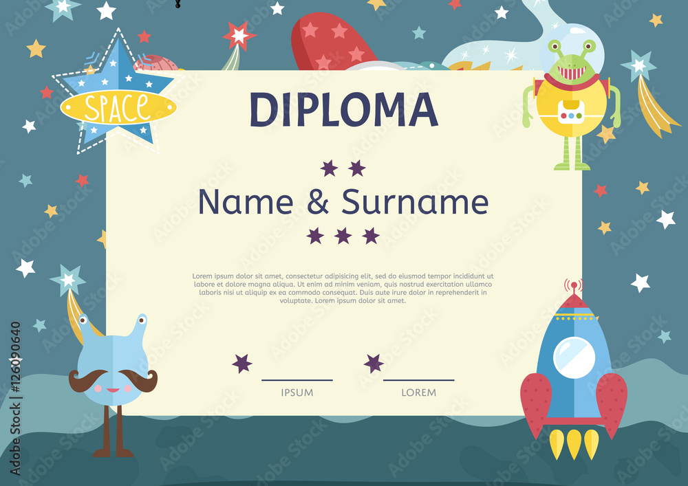 Naklejka Diploma cartoon template. Spaceship, stars. planets, comets. For award for victory in scientific competition. Cartoon space diploma template.