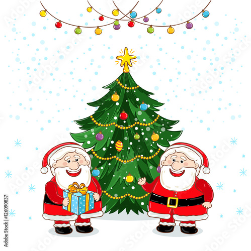 Merry Christmas greeting card with Santa Claus and decorated christmas tree vector illustration. Santa with giftbox and message - Merry Xmas. Light decoration. Happy New Year. Snowflakes background