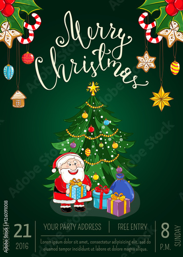 Christmas party promo poster with date, time. Santa, gifts, decorated Christmas tree, gingerbread cookies, holly, candy cartoon vector. Merry Christmas and Happy New Year greetings. Xmas celebrating