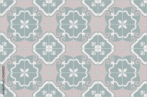 Traditional ornate portuguese and brazilian tiles azulejos. Faded dingy worn colors azulejo tiles. Worn look. Vintage pattern. Abstract background. Vector illustration, eps10. 